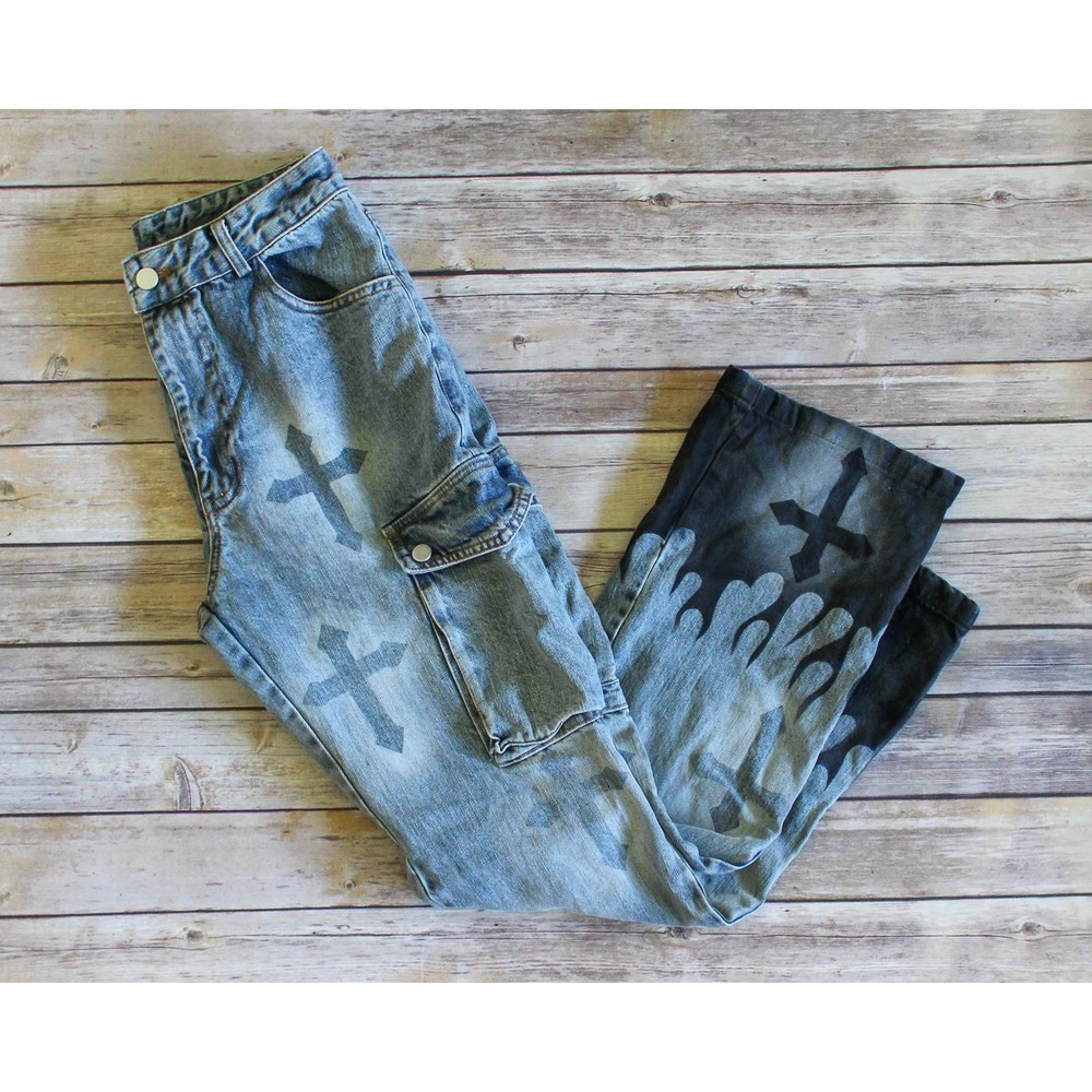 Aelfric Eden Jeans Womens 28 x 29 Gothic Cross Flame Print Cargo Blue Denim FLAW